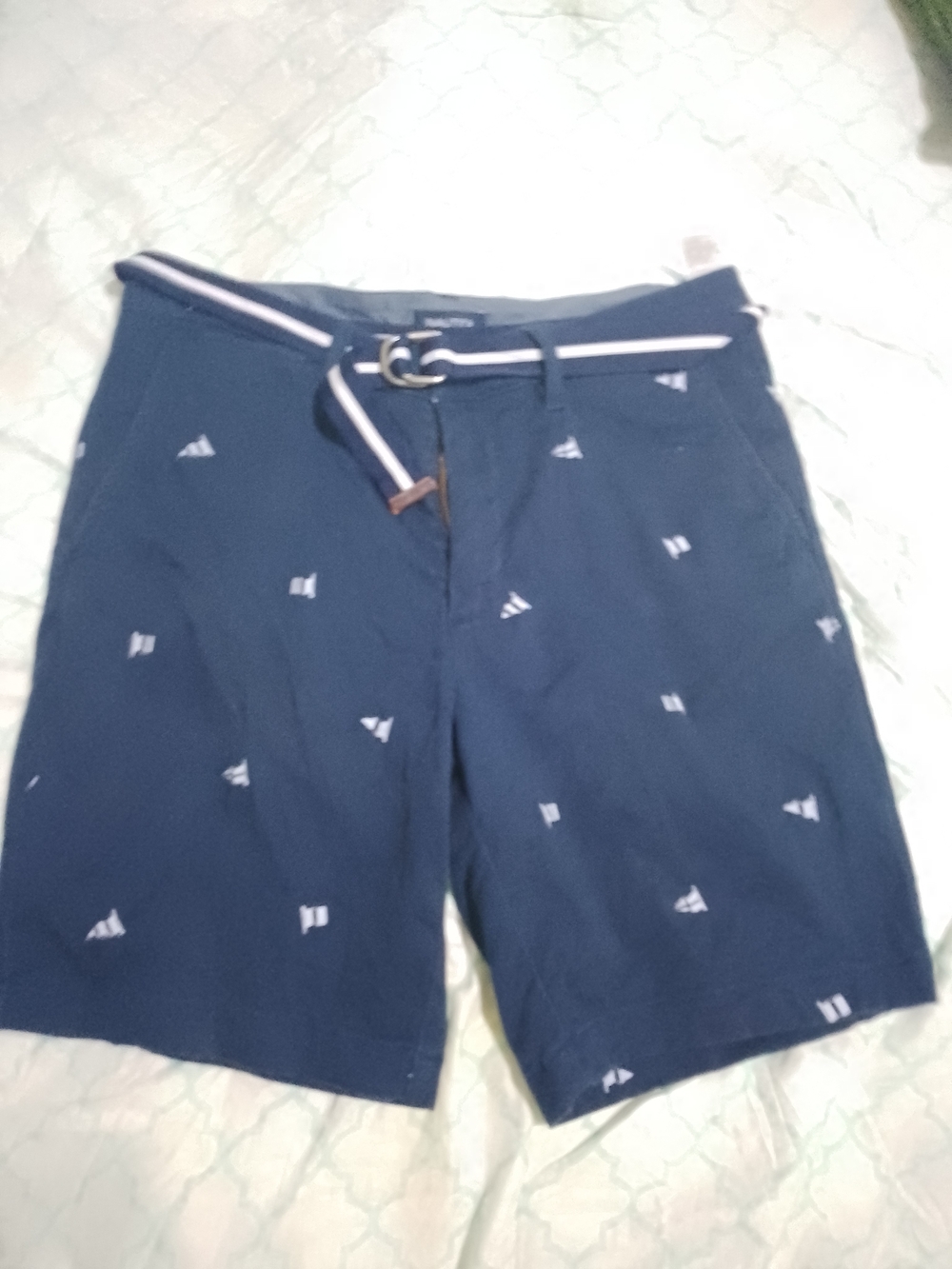 Nautica Navy Swim Board Shorts with White Sail Motif & Striped Belt